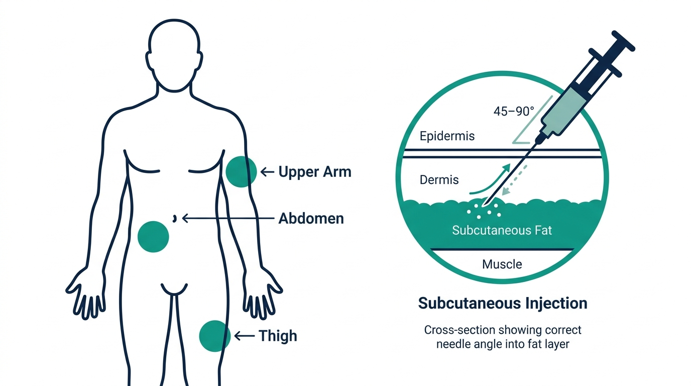 Anatomical diagram showing three approved injection sites for weight-loss injections: abdomen, thigh, and upper arm