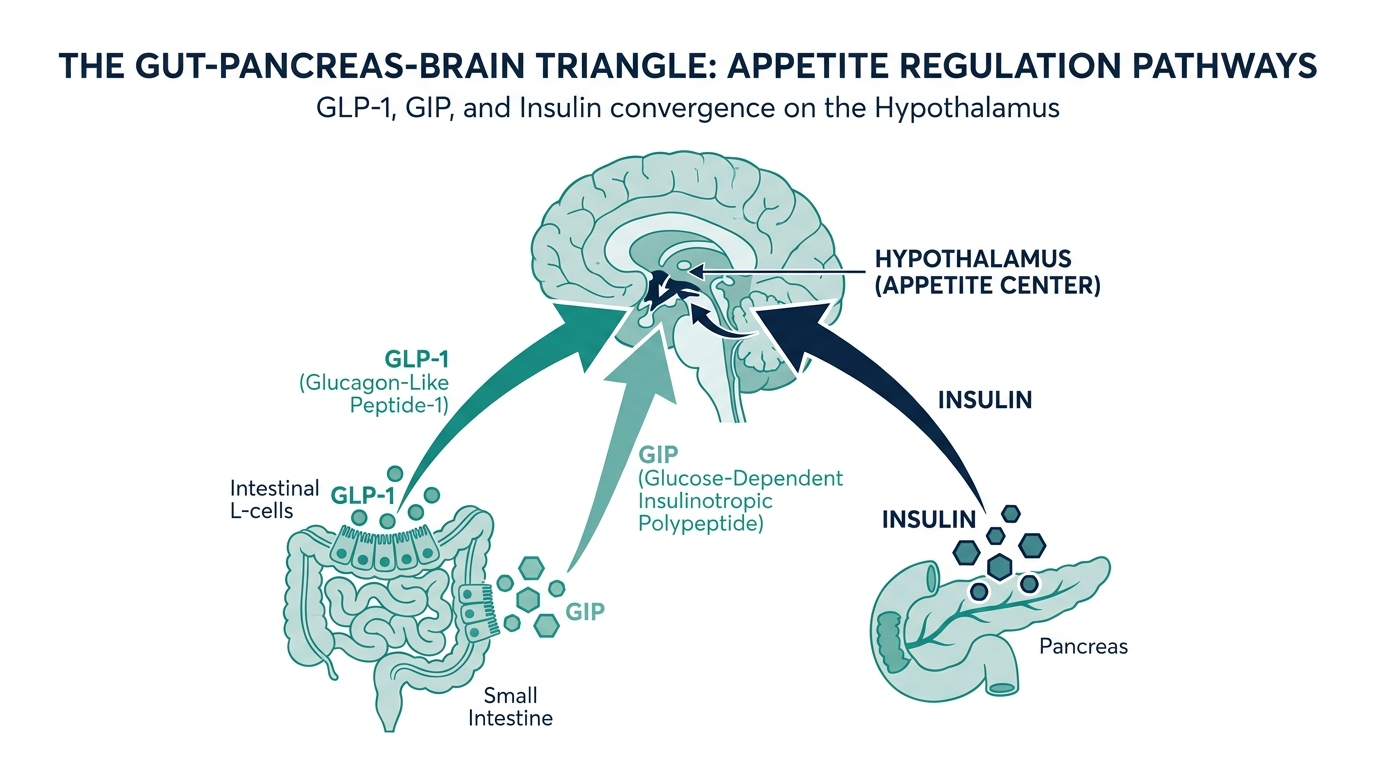 Diagram of the gut-pancreas-brain triangle showing GLP-1, GIP, and insulin signals converging on the hypothalamus appetite center