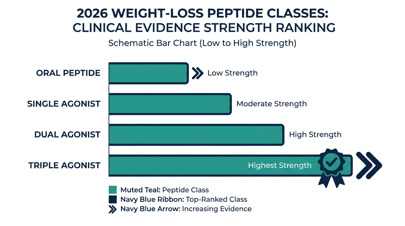 Schematic ranked bar chart of 2026 weight-loss peptide classes by clinical-evidence strength