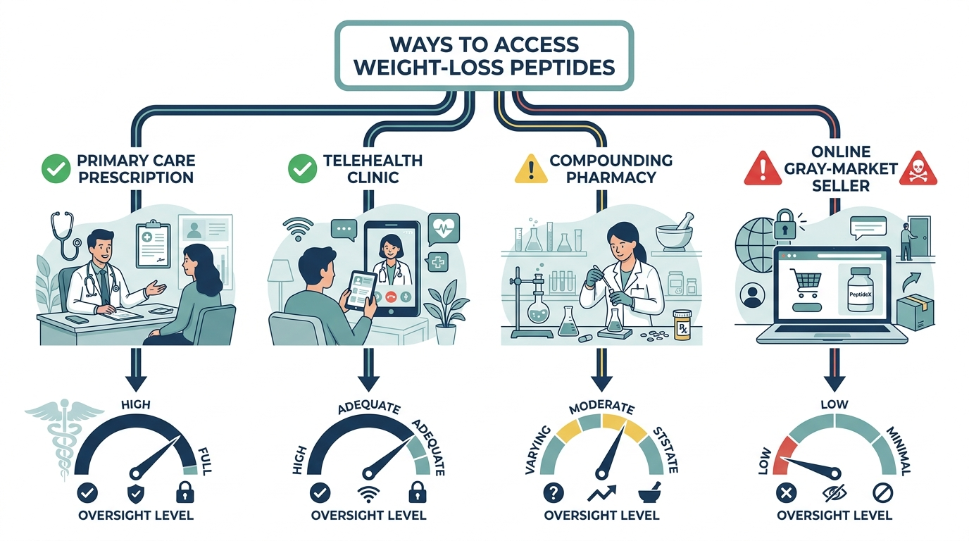 Route map diagram of four ways to access weight-loss peptides, from primary care prescription to gray-market sellers