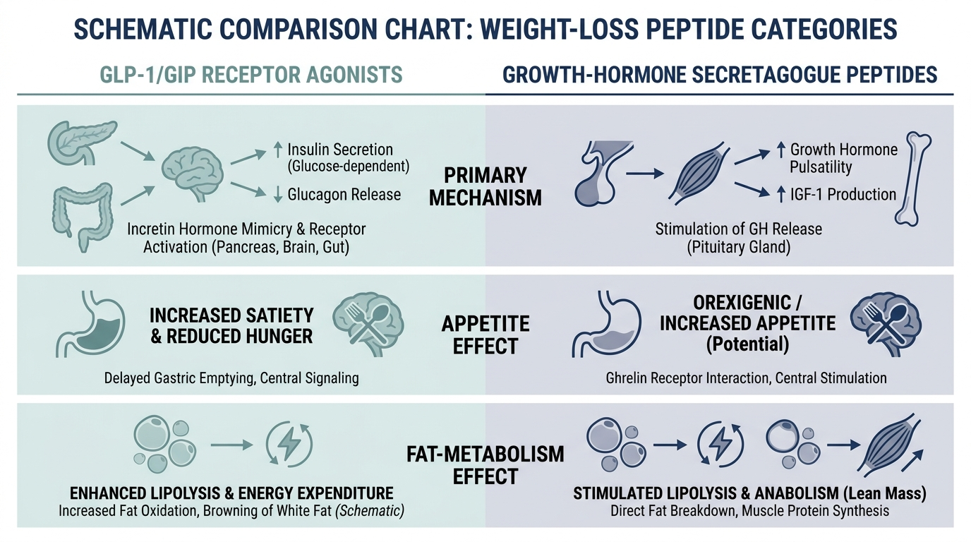 Schematic comparison chart of GLP-1/GIP agonist peptides versus growth-hormone secretagogue peptides for weight loss