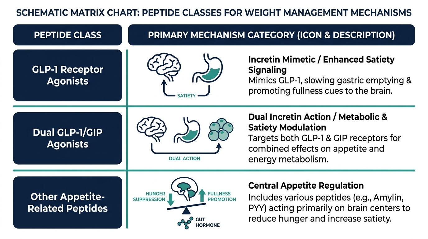 Matrix chart comparing GLP-1 agonists, dual GLP-1/GIP agonists, and other appetite-related peptides by mechanism category