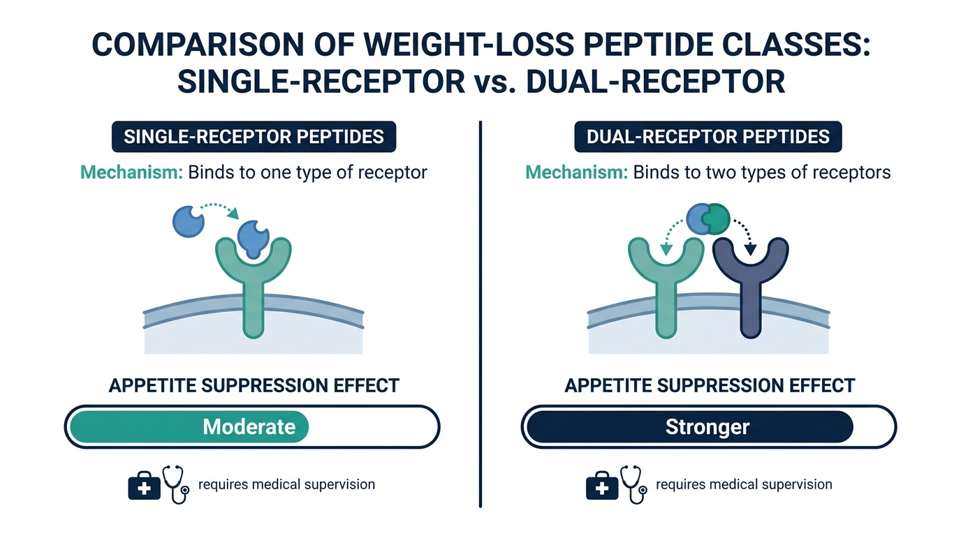 Chart comparing single-receptor and dual-receptor weight-loss peptides