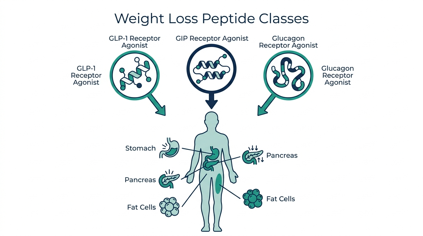 Overview diagram of weight loss peptide classes GLP-1, GIP, and glucagon receptor agonists and their body targets