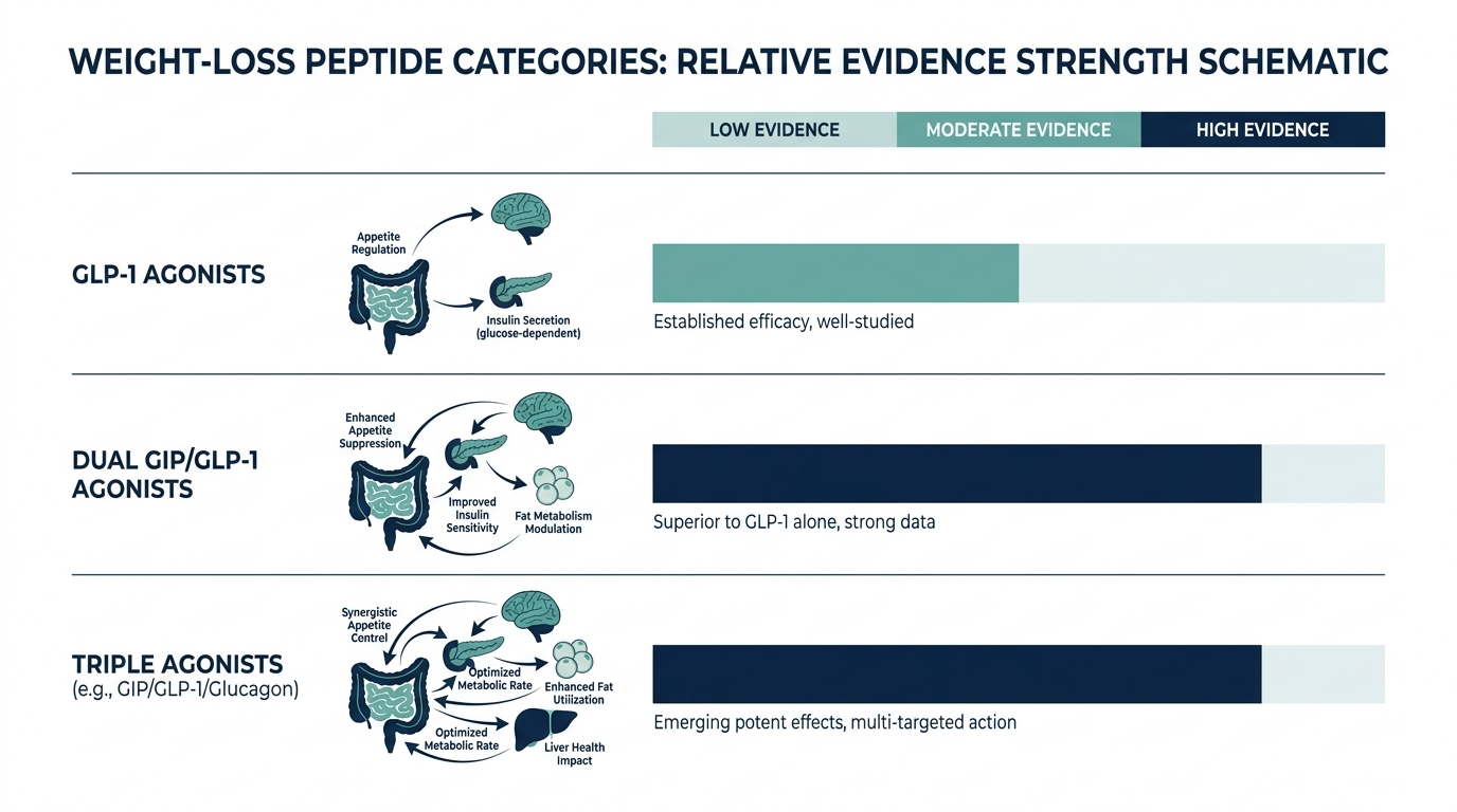 Schematic chart comparing evidence strength of GLP-1, dual GIP/GLP-1, and triple agonist weight-loss peptides