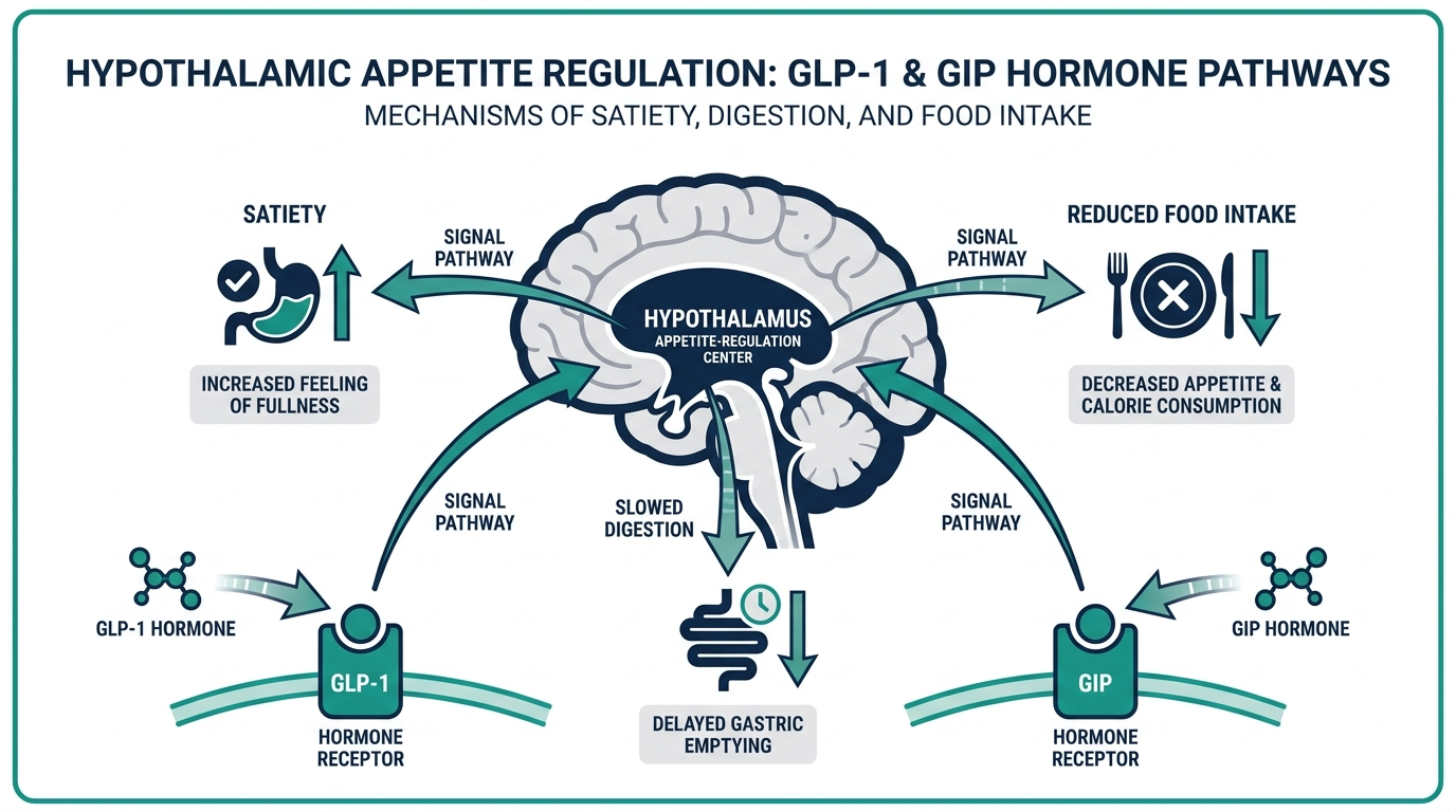 Diagram of the hypothalamus appetite-regulation center connected to GLP-1 and GIP receptor signal pathways