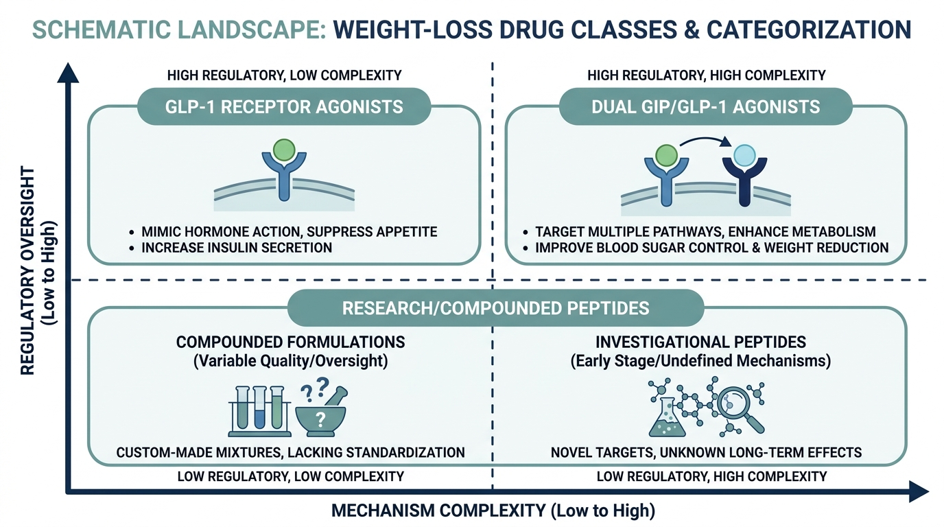 Schematic map categorizing GLP-1 agonists, dual agonists, and research peptides