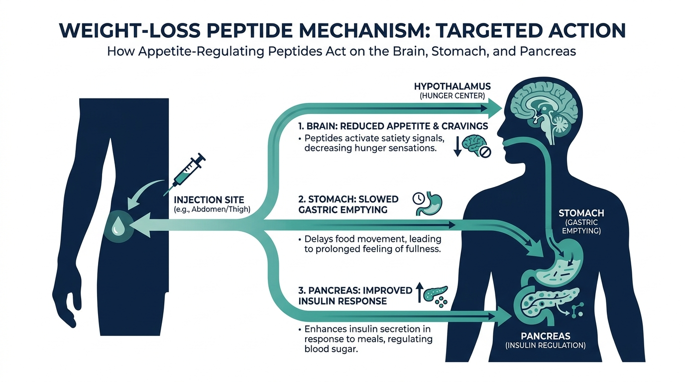 Diagram of weight-loss peptide mechanism showing action on the brain hunger center, stomach emptying, and pancreas insulin regulation