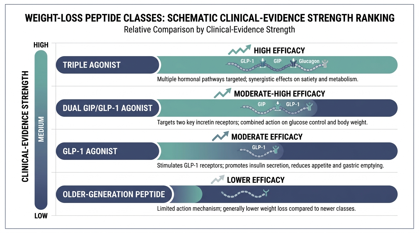 Schematic ranked comparison chart of weight-loss peptide classes by clinical evidence strength