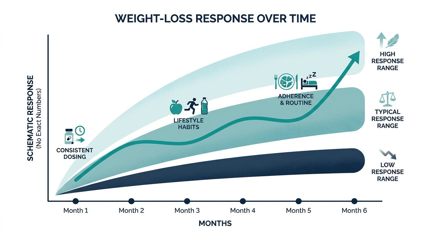 Schematic chart of weight-loss response over months showing low, typical, and high response bands