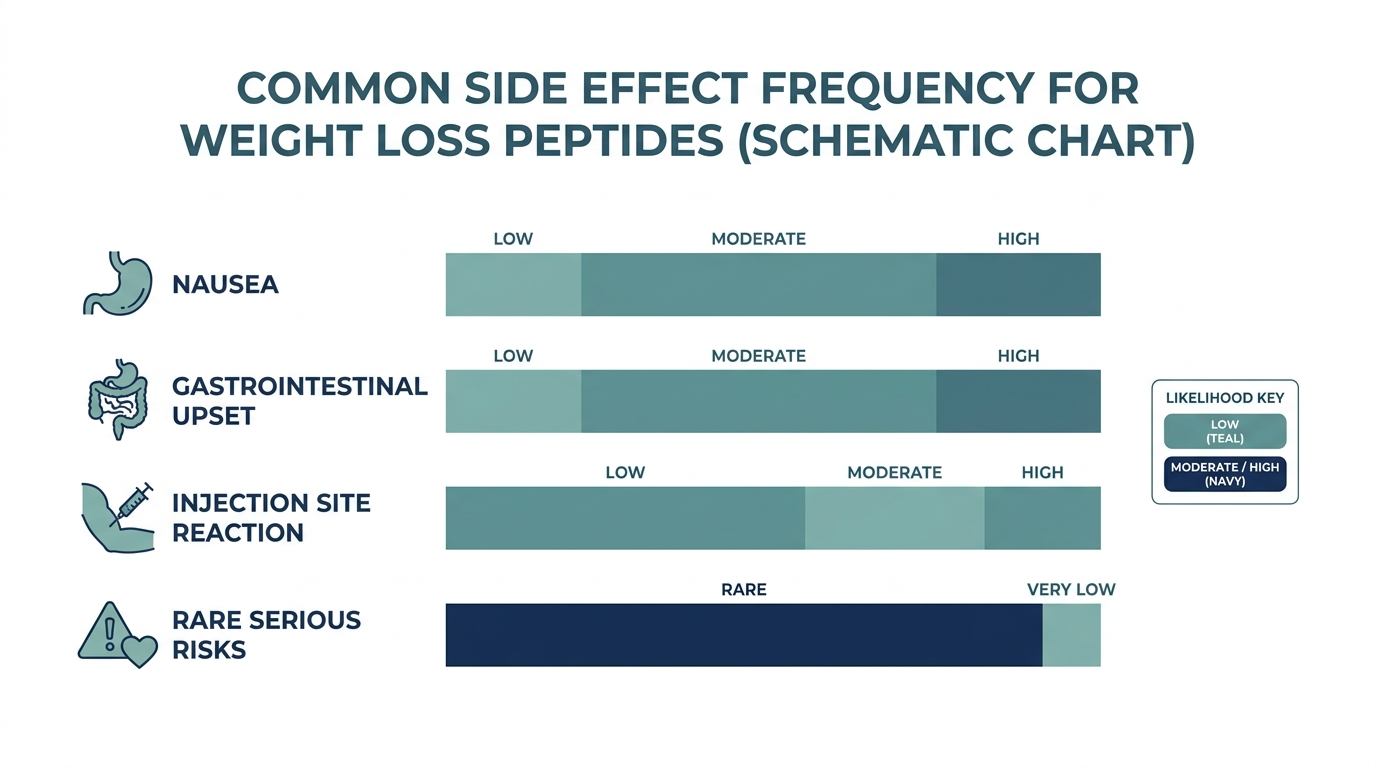 Schematic chart showing relative frequency of common side effects for weight loss peptides, including nausea, GI upset, and injection site reactions