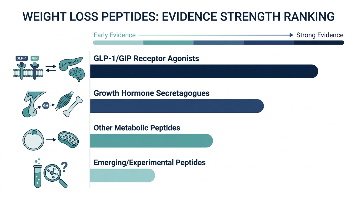 Ranked chart comparing evidence strength across weight loss peptide categories