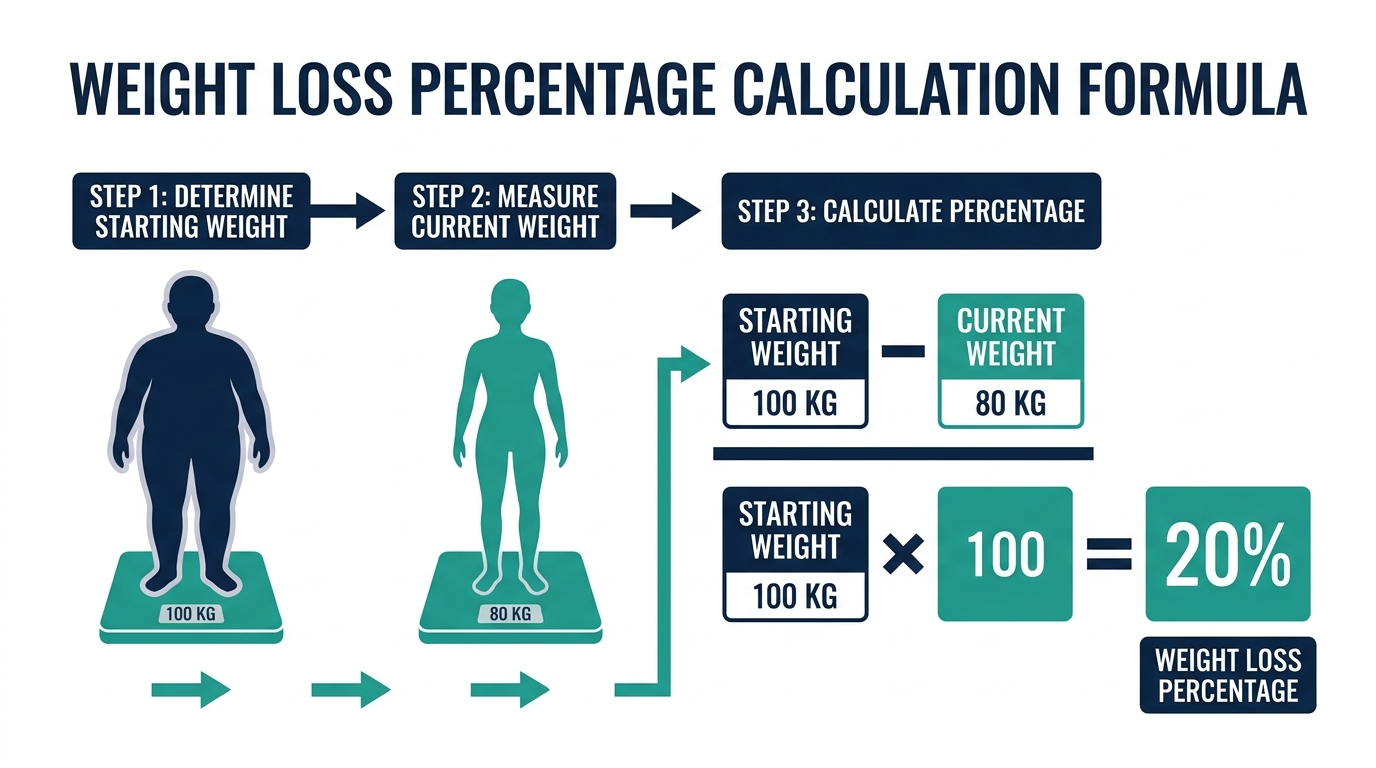 Visual diagram of the weight loss percentage formula: starting weight minus current weight, divided by starting weight, times 100