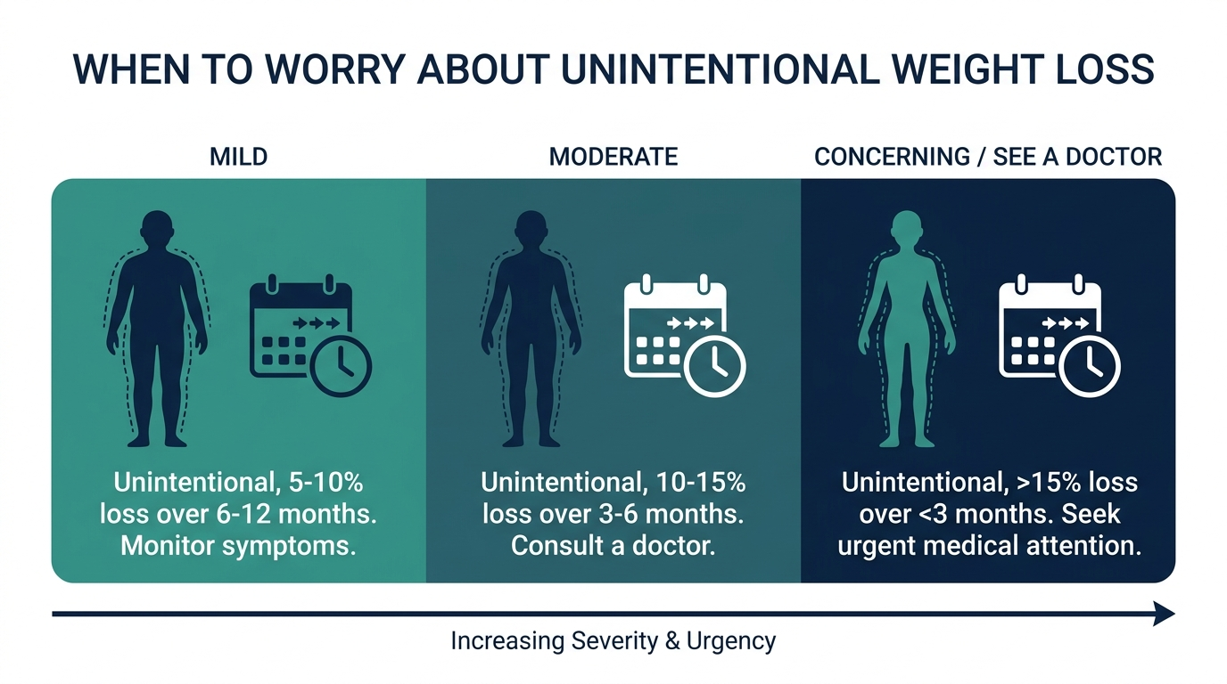 Schematic chart of weight loss severity bands from mild to concerning, indicating when to see a doctor