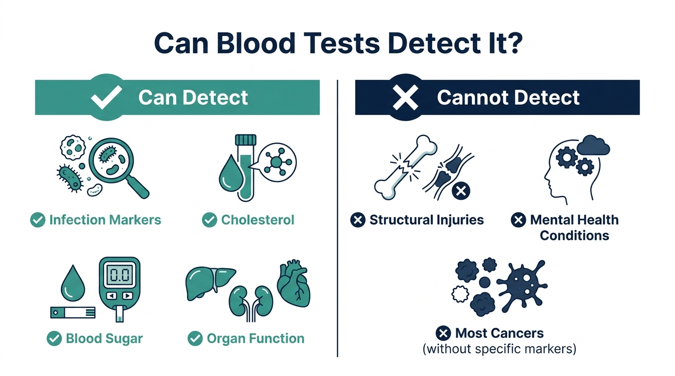 Two-column chart showing what blood tests can and cannot detect