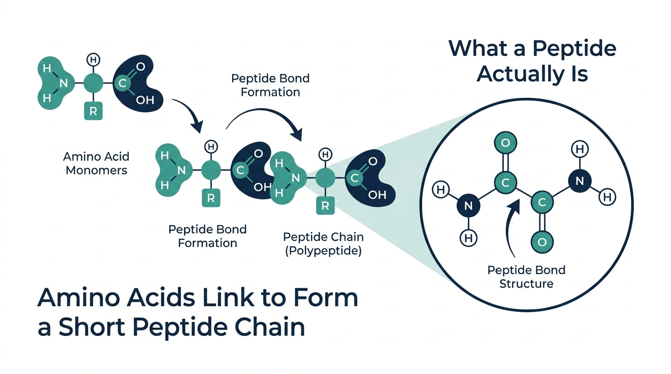 Molecular diagram showing amino acids linking via peptide bonds to form a short peptide chain, with a zoomed inset of the peptide bond