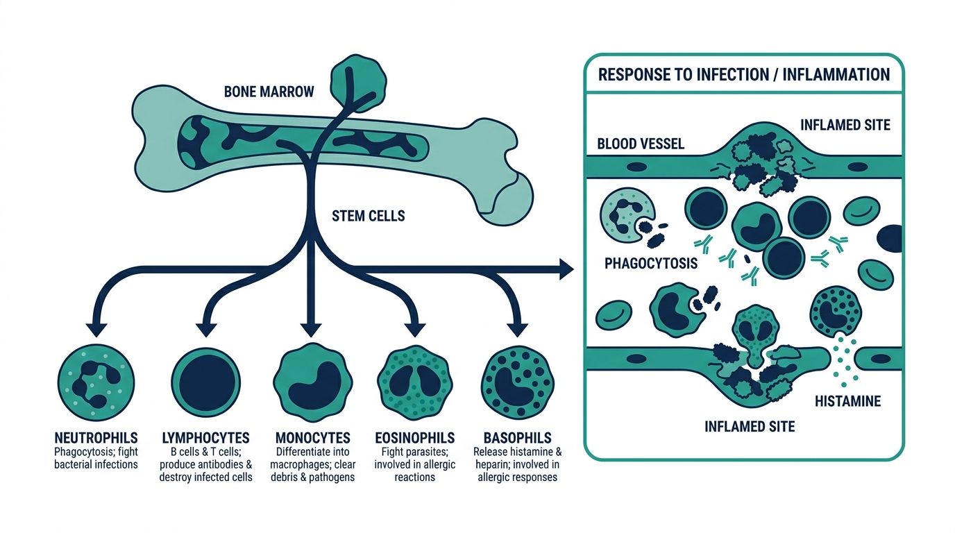 Diagram of the five white blood cell types forming in bone marrow and responding to infection