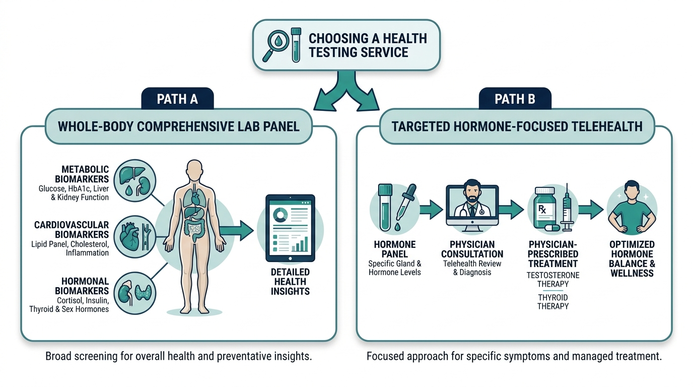 Diagram of two diverging health testing paths: whole-body comprehensive labs versus hormone-focused telehealth with prescription treatment