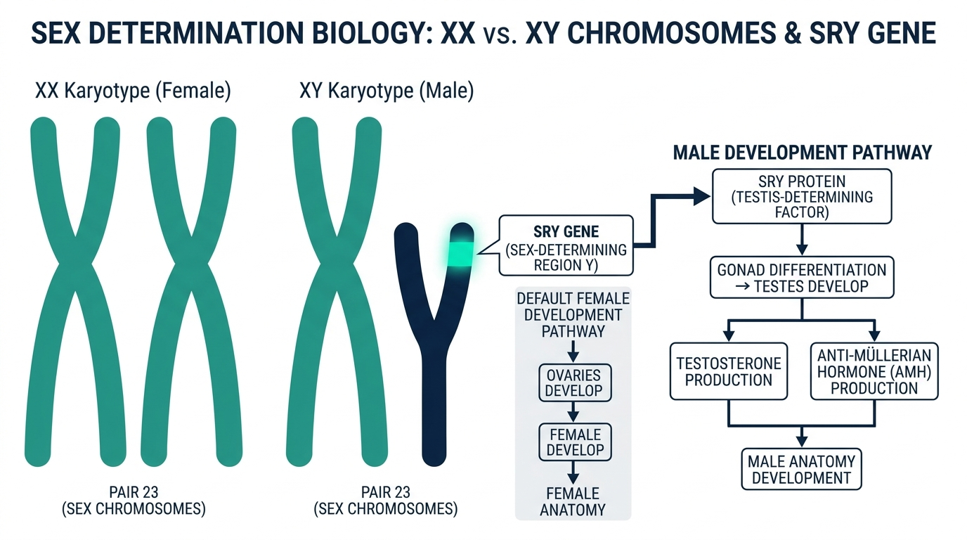 Diagram of XX and XY chromosome karyotypes showing the SRY gene on the Y chromosome that triggers male development