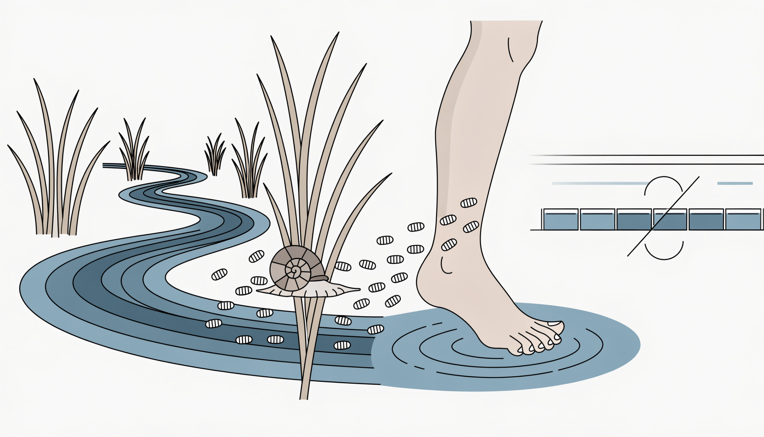 Freshwater snails release larvae that penetrate skin on contact, which is why the river is off limits while a chlorinated pool is not