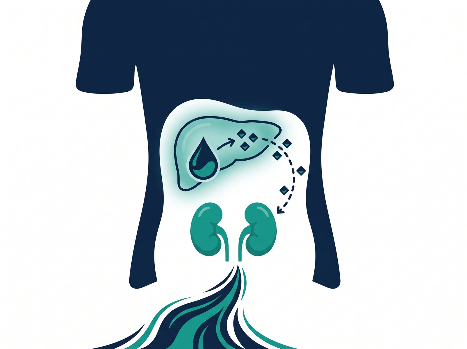 Illustration of the liver converting fat into ketones that pass into urine