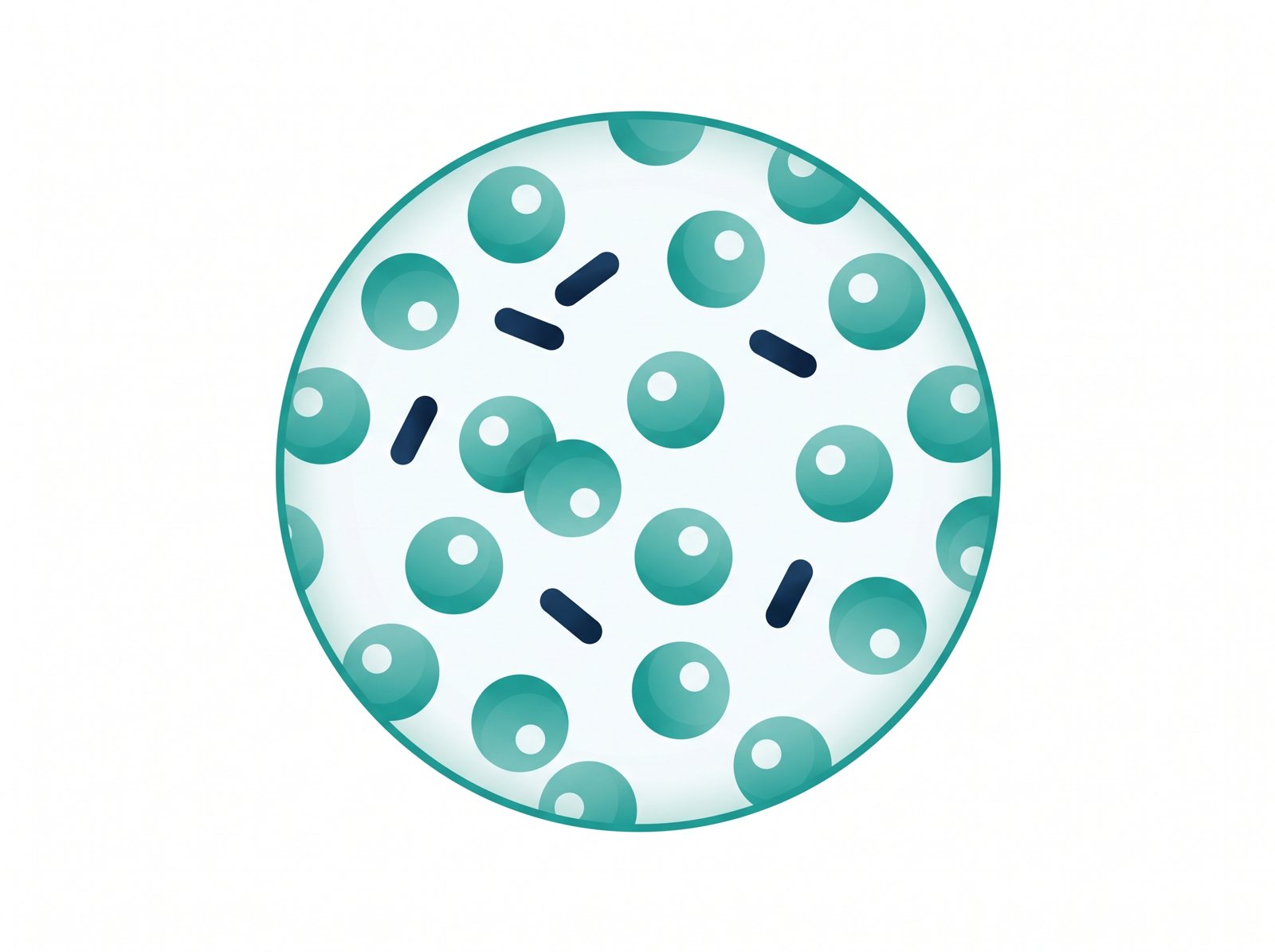 Illustration of white blood cells and bacteria seen under a microscope in a urine sample