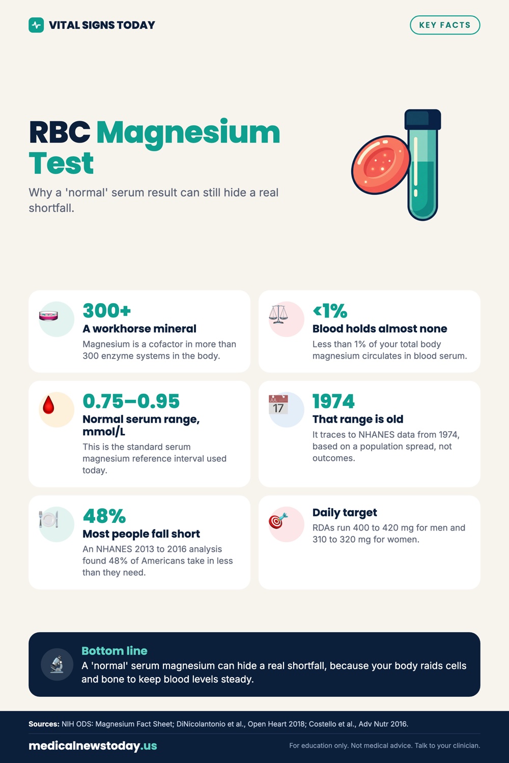 RBC Magnesium Test infographic: Why a 'normal' serum result can still hide a real shortfall.