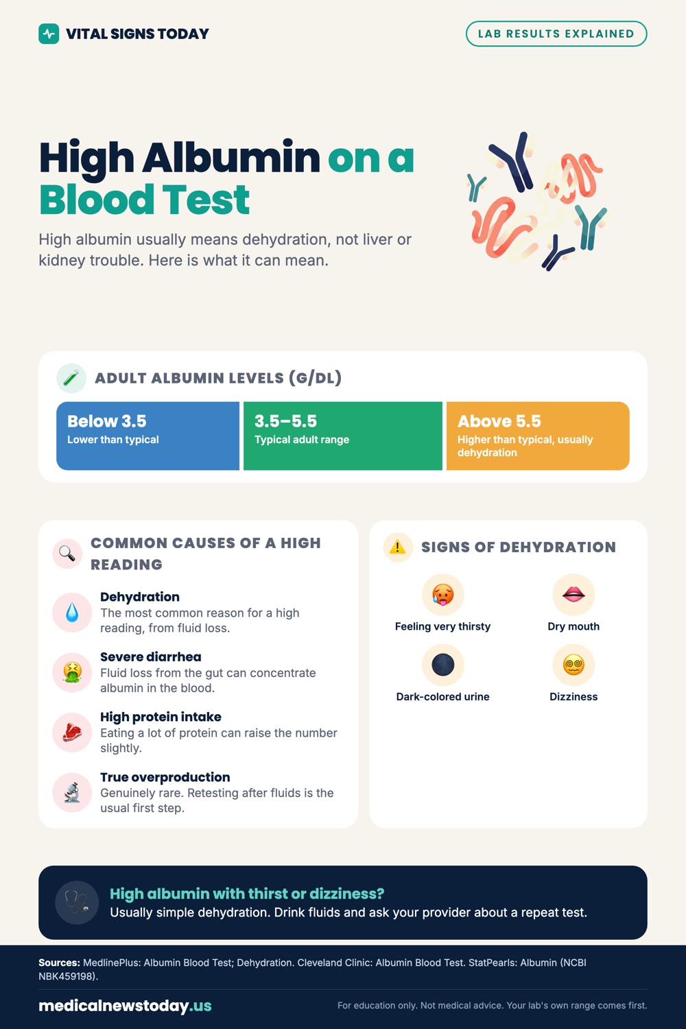High Albumin on a Blood Test infographic: High albumin usually means dehydration, not liver or kidney trouble. Here is what it can mean.