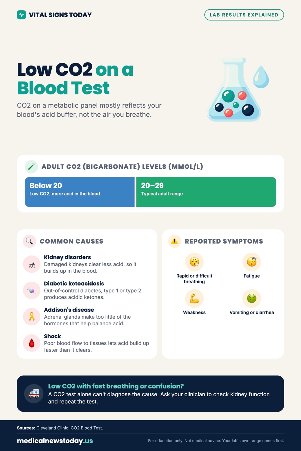 Low CO2 on a Blood Test infographic: CO2 on a metabolic panel mostly reflects your blood's acid buffer, not the air you breathe.