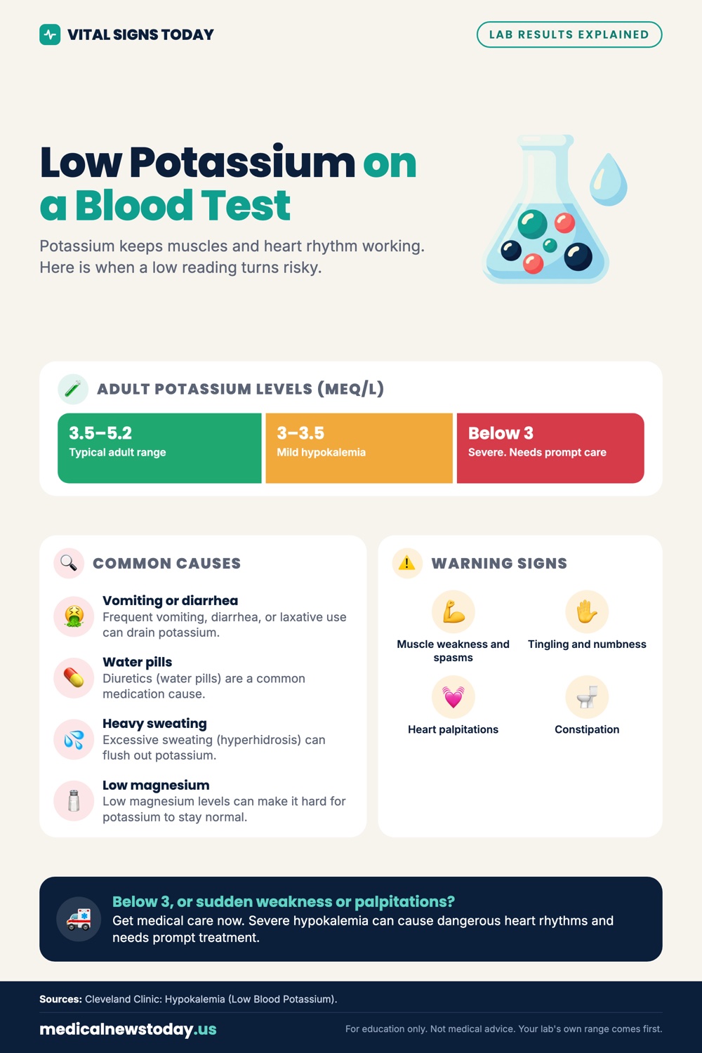 Low Potassium on a Blood Test infographic: Potassium keeps muscles and heart rhythm working. Here is when a low reading turns risky.