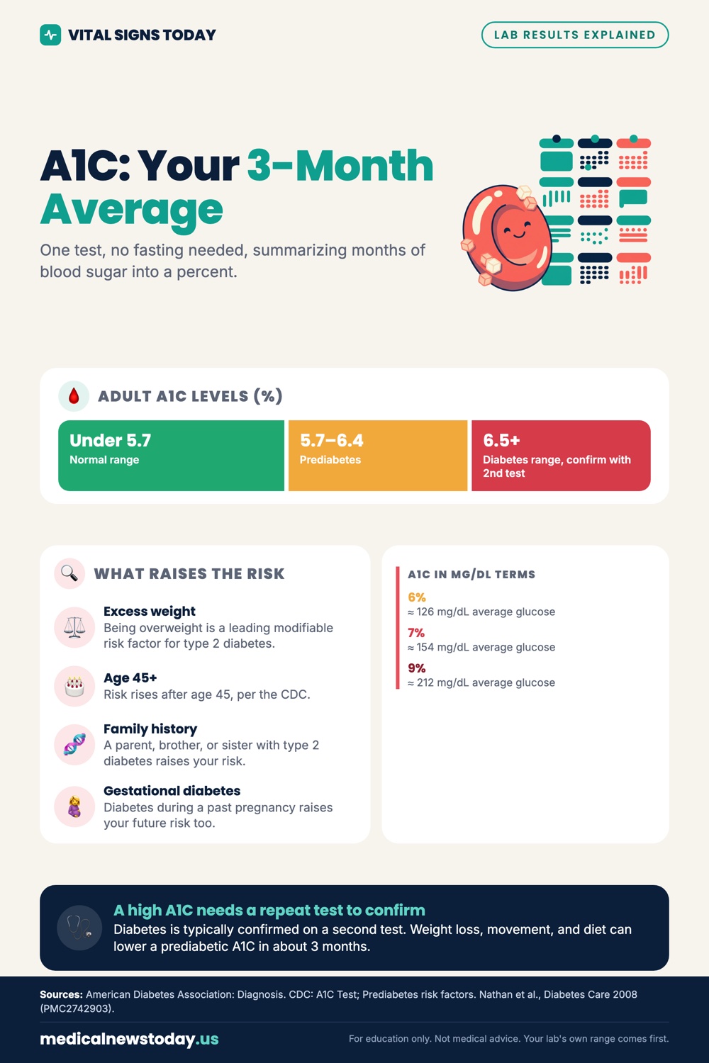 A1C: Your 3-Month Average infographic: One test, no fasting needed, summarizing months of blood sugar into a percent.