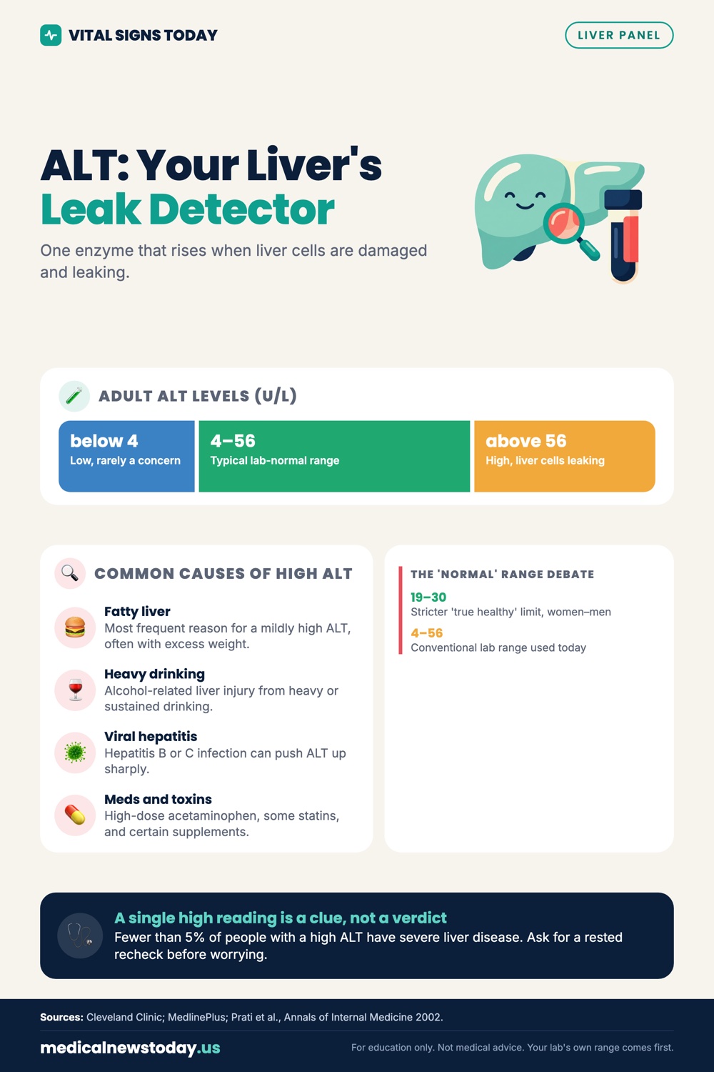 ALT: Your Liver's Leak Detector infographic: One enzyme that rises when liver cells are damaged and leaking.