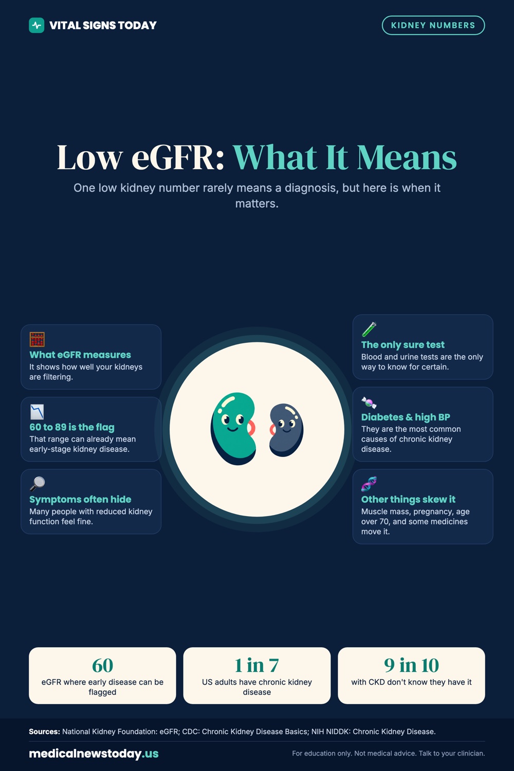 Low eGFR: What It Means infographic: One low kidney number rarely means a diagnosis, but here is when it matters.