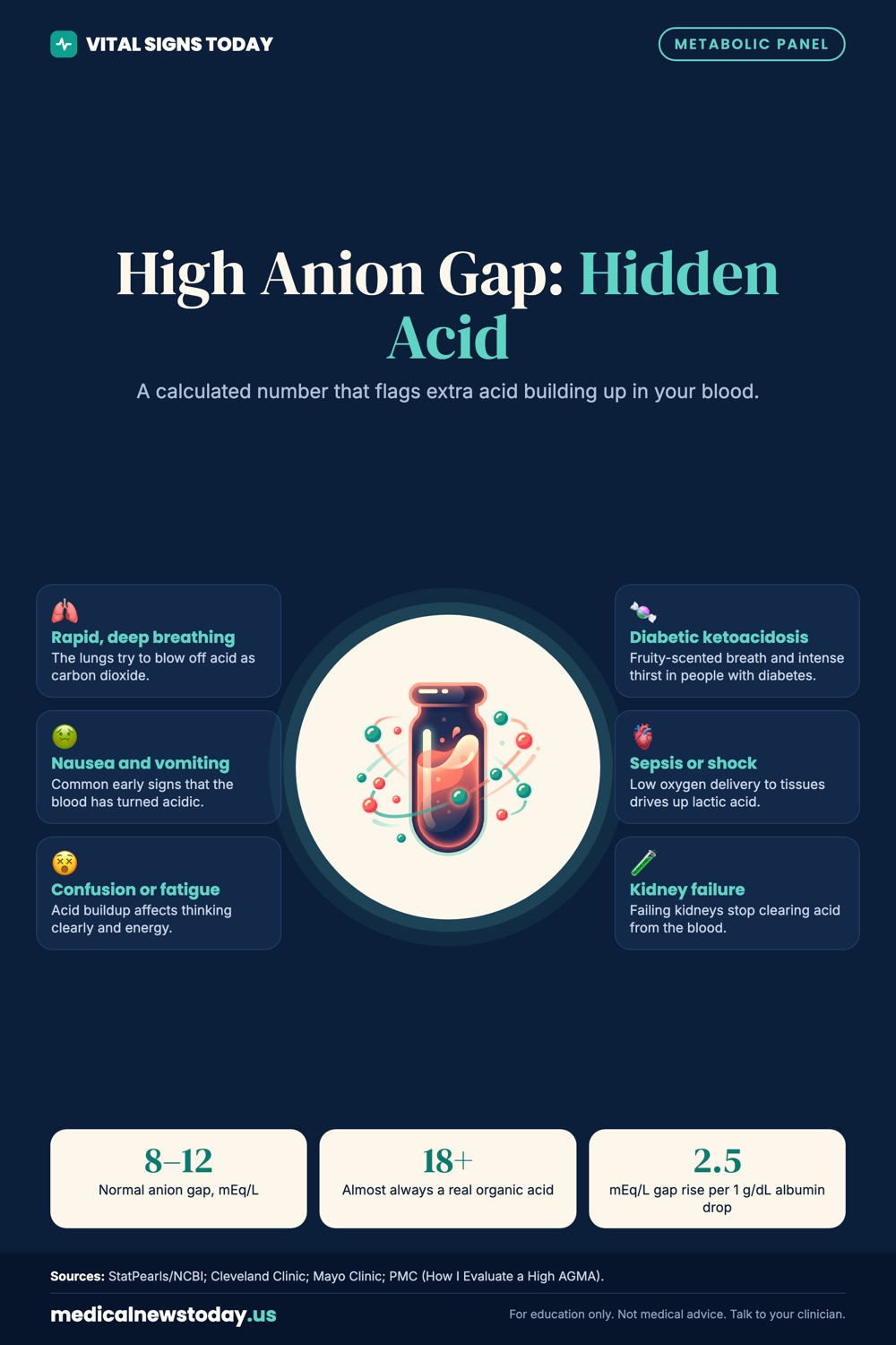 High Anion Gap: Hidden Acid infographic: A calculated number that flags extra acid building up in your blood.