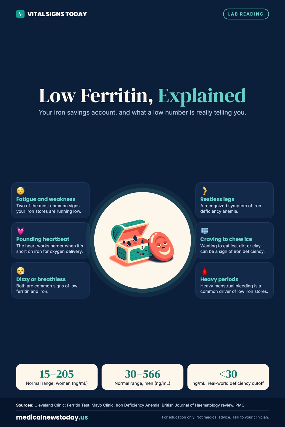 Low Ferritin, Explained infographic: Your iron savings account, and what a low number is really telling you.