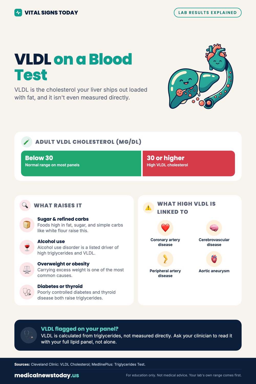 VLDL on a Blood Test infographic: VLDL is the cholesterol your liver ships out loaded with fat, and it isn't even measured directly.